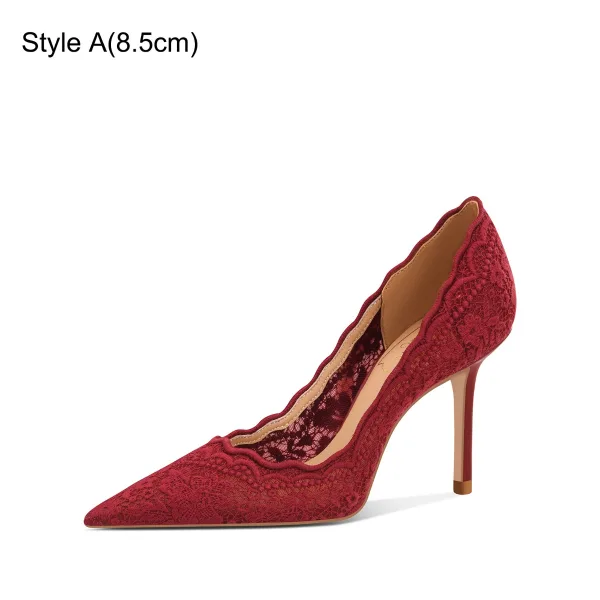 Elegant Burgundy Lace Prom Wedding Shoes 2024 Leather 8 cm Stiletto Heels Pointed Toe Pumps High Heels