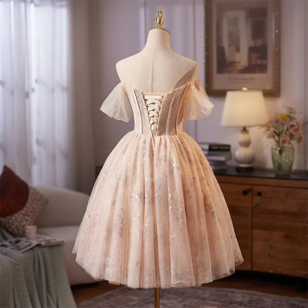 Flower Fairy Champagne Beading Sequins Pearl Lace Flower Homecoming Graduation Dresses 2025 Ball Gown Off-The-Shoulder Short Sleeve Backless Knee-Length Formal Dresses