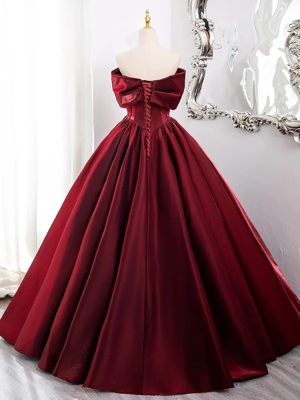 Chic / Beautiful Burgundy Satin Prom Dresses 2024 Ball Gown Off-The-Shoulder Sleeveless Backless Floor-Length / Long Prom Formal Dresses