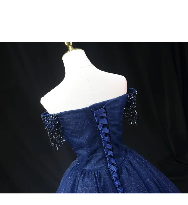 Vintage / Retro Navy Blue Beading Sequins Prom Dresses 2024 Ball Gown Off-The-Shoulder Short Sleeve Backless Floor-Length / Long Formal Dresses