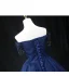 Vintage / Retro Navy Blue Beading Sequins Prom Dresses 2024 Ball Gown Off-The-Shoulder Short Sleeve Backless Floor-Length / Long Formal Dresses