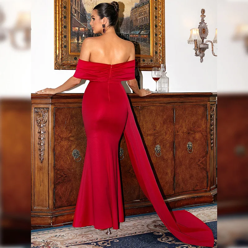 Elegant Red Evening Dresses 2022 Trumpet Mermaid Bow Off-The-Shoulder Short Sleeve Long