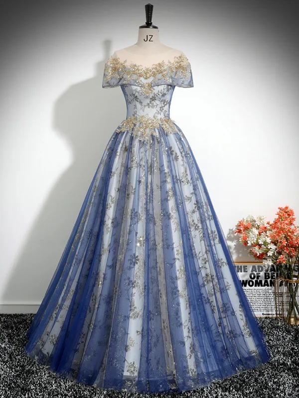 Vintage / Retro Sky Blue Beading Sequins Lace Flower Prom Dresses 2024 Ball Gown Scoop Neck Short Sleeve Backless Floor-Length / Long Prom Formal Dresses