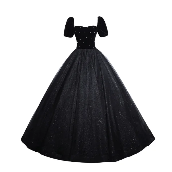 Audrey Hepburn Style Black Glitter Rhinestone Prom Dresses 2024 Ball Gown Square Neckline Short Sleeve Backless Floor-Length / Long Prom Formal Dresses