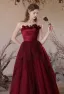 Chic / Beautiful Burgundy Appliques Prom Dresses 2024 A-Line / Princess Strapless Sleeveless Backless Floor-Length / Long Prom Formal Dresses