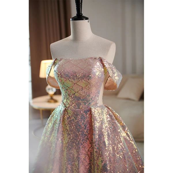 Sparkly Sequins Rose Gold Prom Dresses 2023 A-Line Princess Off-The-Shoulder Sleeveless