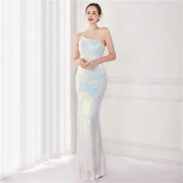 Sparkly White Sequins Evening Dresses 2022 Trumpet Mermaid One Shoulder Sleeveless Backless Floor Length Long Evening Party Formal Dresses