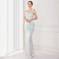 Sparkly White Sequins Evening Dresses 2022 Trumpet / Mermaid One-Shoulder Sleeveless Backless Floor-Length / Long Evening Party Formal Dresses