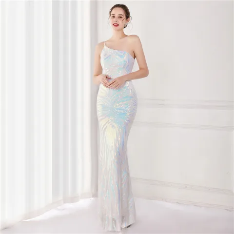 Sparkly White Sequins Evening Dresses 2022 Trumpet / Mermaid One-Shoulder Sleeveless Backless Floor-Length / Long Evening Party Formal Dresses