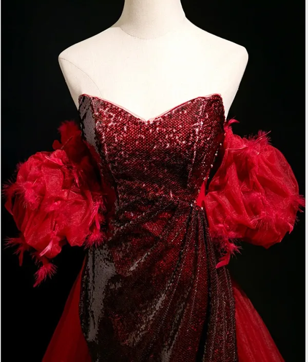 Sexy Bling Bling Burgundy Sequins Evening Dresses 2025 Trumpet / Mermaid Strapless Sleeveless Backless Floor-Length / Long Evening Party Formal Dresses