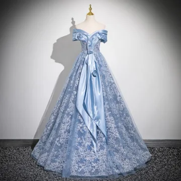 Chic Belle Bleu Ciel En Dentelle Fleur Paillettes Robe De Bal 2025 Princesse De L Épaule Sans Manches Dos Nu Longue Promo Robe De Ceremonie