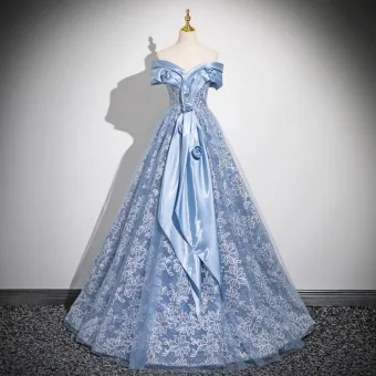 Hermoso Azul Cielo Con Encaje Flor Lentejuelas Vestidos De Gala 2025 A Line Princess Fuera Del Hombro Sin Mangas Sin Espalda Largos Gala Vestidos Formales