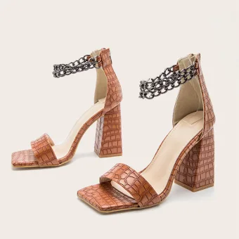 Sexy Brown Evening Party Womens Sandals 2022 Metal Ankle Strap 10 Cm Thick Heels Open Peep Toe Sandals High Heels