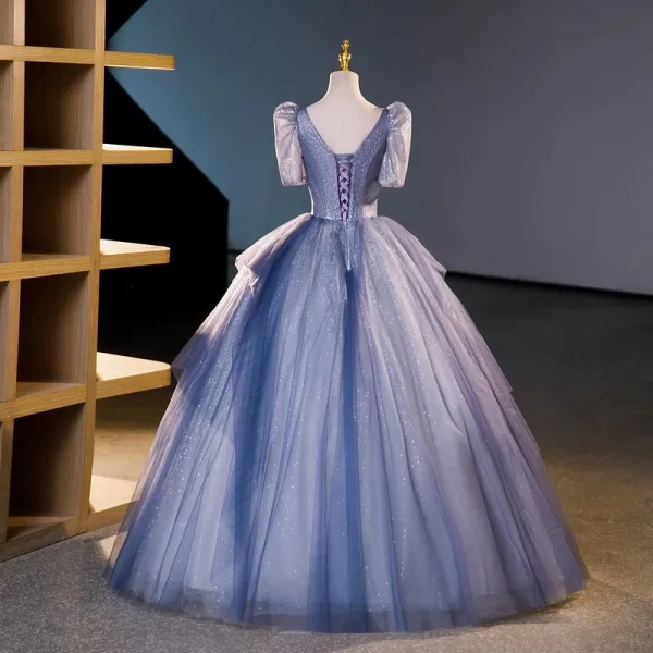 Bling Bling Elegant Ocean Blue Sequins Prom Dresses 2023 Ball Gown V-Neck Short Sleeve Backless Floor-Length / Long Prom Formal Dresses