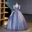 Bling Bling Elegant Ocean Blue Sequins Prom Dresses 2023 Ball Gown V-Neck Short Sleeve Backless Floor-Length / Long Prom Formal Dresses