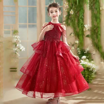 Chic Belle Rouge Perlage Paillettes Volants En Cascade Anniversaire Robe Ceremonie Fille 2025 Robe Boule Encolure Dégagée Sans Manches Longue
