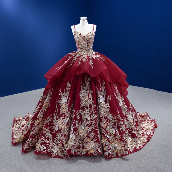 High-end Vintage / Retro Burgundy Sequins Lace Flower Prom Dresses 2022 Ball Gown Cascading Ruffles Spaghetti Straps Sleeveless Backless Chapel Train Prom