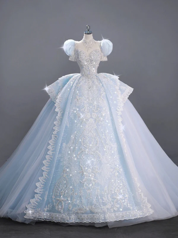 Luxury / Gorgeous Sky Blue Beading Rhinestone Lace Flower Wedding Dresses 2023 Ball Gown High Neck Puffy Short Sleeve Backless Bow Royal Train