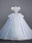Luxury / Gorgeous Sky Blue Beading Rhinestone Lace Flower Wedding Dresses 2023 Ball Gown High Neck Puffy Short Sleeve Backless Bow Royal Train