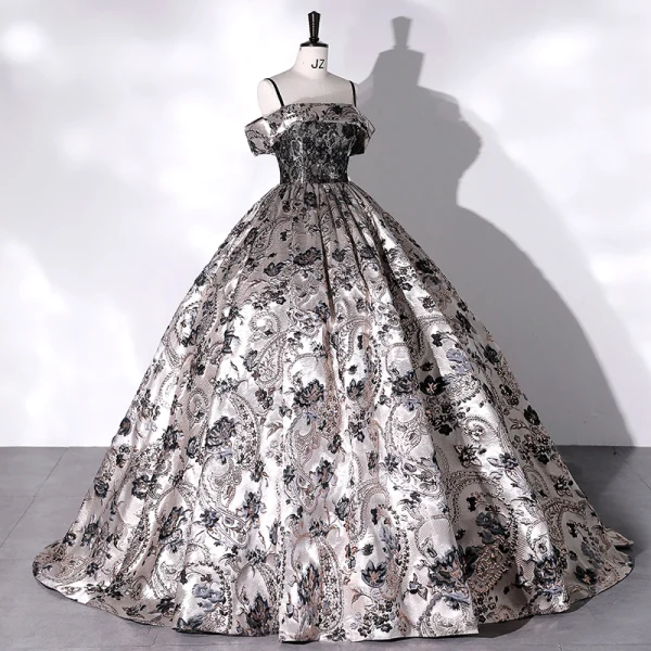 Vintage / Retro Baroque Silver Lace Flower Satin Prom Dresses 2022 Ball Gown Spaghetti Straps Sleeveless Backless Beading Floor-Length / Long Formal Dresses