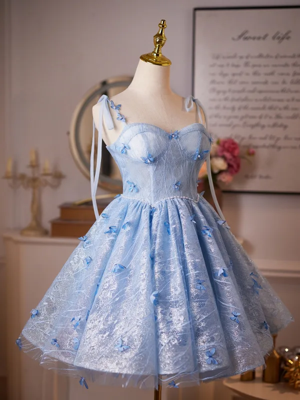 Chic / Belle Bleu Ciel Papillon Glitter Perle Paillettes Anniversaire Courte Robe De Fête 2025 Robe Boule Bretelles Spaghetti Sans Manches Dos Nu Robe De Ceremonie