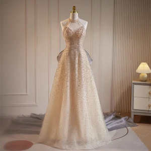 Sexy Champagne Perlage Perle Paillettes Robe De Soirée 2023 Princesse Titulaire Sans Manches Dos Nu Noeud Train De Balayage Soirée Robe De Ceremonie