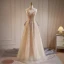 Sexy Champagne Perlage Perle Paillettes Robe De Soirée 2023 Princesse Titulaire Sans Manches Dos Nu Noeud Train De Balayage Soirée Robe De Ceremonie