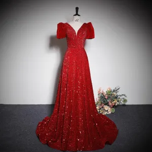 Sparkly Red Sequins Evening Dresses 2023 A Line Princess V Neck Short Sleeve Backless Bow Sweep Train Evening Party Formal Dresses