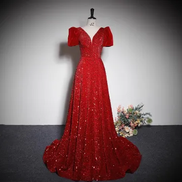 Scintillantes Rouge Paillettes Robe De Soirée 2023 Princesse V Cou Manches Courtes Dos Nu Noeud Train De Balayage Soirée Robe De Ceremonie