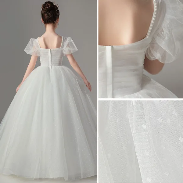 Chic / Beautiful White Pearl Wedding Flower Girl Dresses 2022 Ball Gown Square Neckline Puffy Short Sleeve Backless Floor-Length / Long Flower Girl Dresses