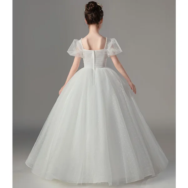 Chic / Beautiful White Pearl Wedding Flower Girl Dresses 2022 Ball Gown Square Neckline Puffy Short Sleeve Backless Floor-Length / Long Flower Girl Dresses