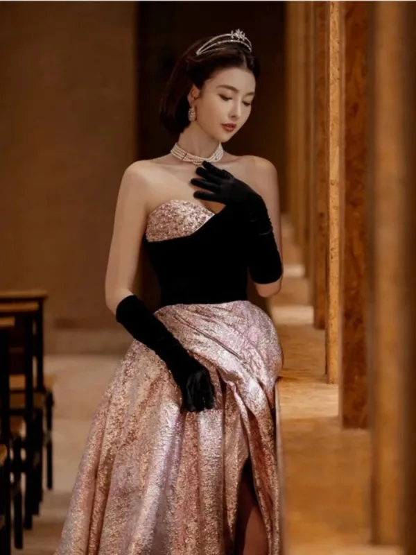 Sexy Noire Paillettes Fendue devant Robe De Soirée 2023 Princesse Bustier Sans Manches Dos Nu Longue Soirée Robe De Ceremonie