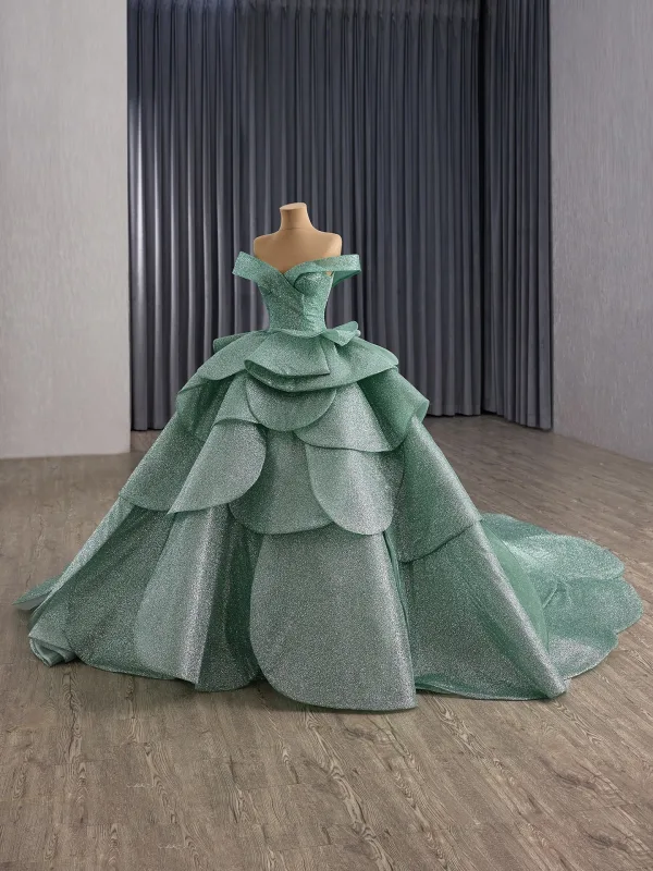 Luxury / Gorgeous Mint Green Cascading Ruffles Sequins Prom Dresses 2025 Ball Gown Off-The-Shoulder Sleeveless Backless Royal Train Formal Dresses
