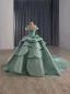 Luxury / Gorgeous Mint Green Cascading Ruffles Sequins Prom Dresses 2025 Ball Gown Off-The-Shoulder Sleeveless Backless Royal Train Formal Dresses