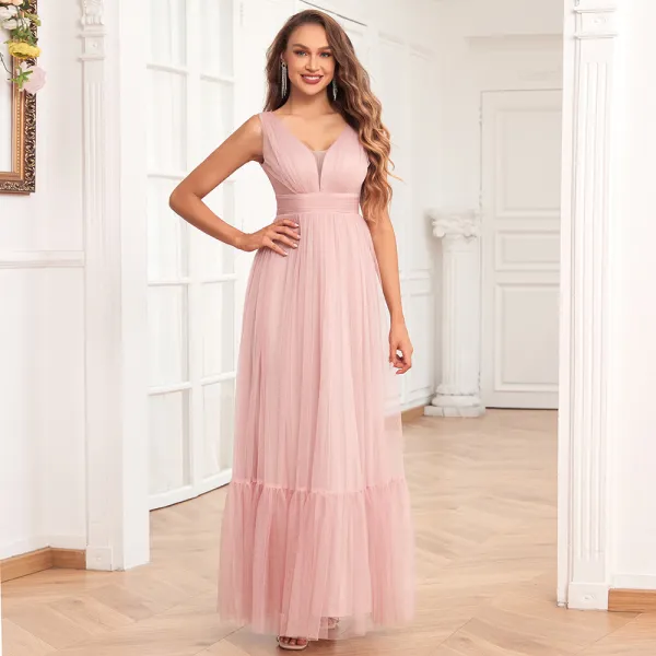 Chic / Beautiful Blushing Pink Prom Dresses 2024 A-Line / Princess V-Neck Sleeveless Backless Floor-Length / Long Prom Formal Dresses