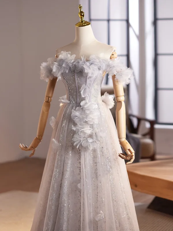 Chic / Belle Gris Appliques Paillettes Robe De Bal 2025 Princesse De l'épaule Sans Manches Dos Nu Longue Robe De Ceremonie