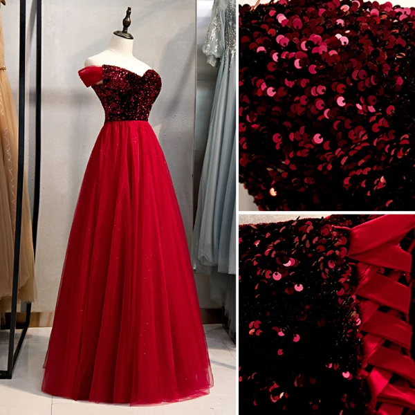 Chic / Belle Bordeaux Paillettes Robe De Bal 2023 Princesse De l'épaule Sans Manches Dos Nu Longue Promo Robe De Ceremonie