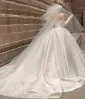 Vintage / Retro Ivory Printing Satin Royal Train Wedding Dresses 2024 Ball Gown Strapless Sleeveless Backless Wedding