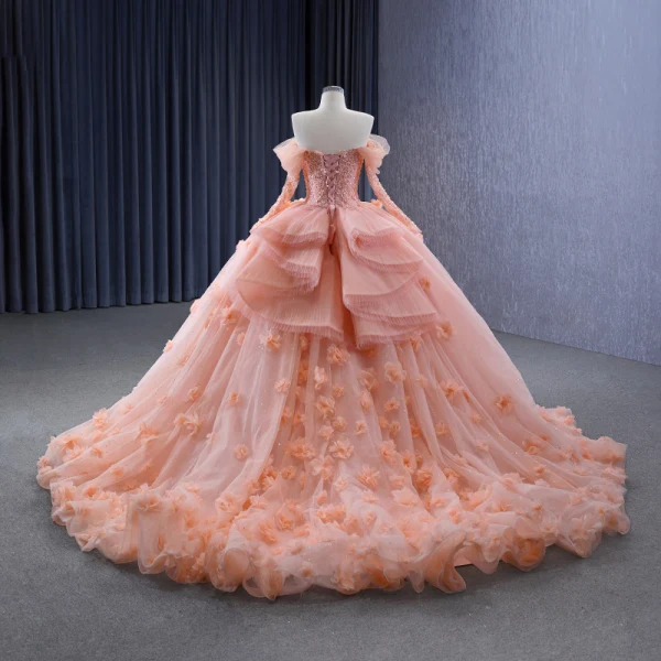 Luxury / Gorgeous Candy Pink Handmade  Beading Pearl Sequins Lace Flower Appliques Cascading Ruffles Prom Dresses 2023 Ball Gown Off-The-Shoulder 3/4 Sleeve Backless