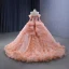 Luxury / Gorgeous Candy Pink Handmade  Beading Pearl Sequins Lace Flower Appliques Cascading Ruffles Prom Dresses 2023 Ball Gown Off-The-Shoulder 3/4 Sleeve Backless