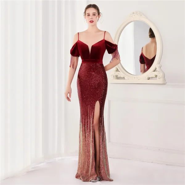 Charmant Doré Paillettes Robe De Soirée 2022 Trompette / Sirène Bretelles Spaghetti Manches Courtes Perlage Gland Dos Nu Longue Fendue devant Soirée Robe De Ceremonie