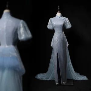Sparkly Sky Blue Split Front Sequins Evening Dresses 2024 Trumpet Mermaid High Neck Short Sleeve Floor Length Long Evening Party Formal Dresses