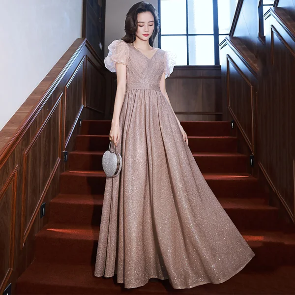 Chic / Belle Rose Sombre Glitter Robe De Bal 2022 Princesse V-Cou Gonflée Manches Courtes Dos Nu Longue Promo Robe De Ceremonie