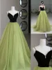 Chic / Beautiful Sage Green Prom Dresses 2023 A-Line / Princess Spaghetti Straps Sleeveless Backless Sweep Train Prom Formal Dresses
