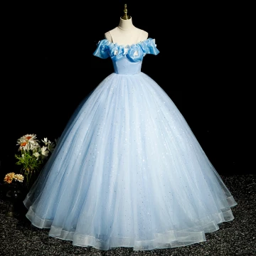 Elegant Sky Blue Lace Butterfly Prom Dresses 2023 Ball Gown Scoop Neck Ruffle Short Sleeve Backless Sequins Floor Length Long Prom Formal Dresses