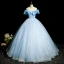 Elegant Sky Blue Lace Butterfly Prom Dresses 2023 Ball Gown Scoop Neck Ruffle Short Sleeve Backless Sequins Floor-Length / Long Prom Formal Dresses