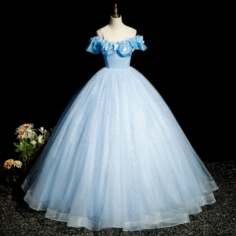 Elegante Himmelblau Spitze Schmetterling Ballkleider 2023 Ballkleid Rundhalsausschnitt Rüschen Kurze Ärmel Rückenfreies Pailletten Lange Ball Festliche Kleider