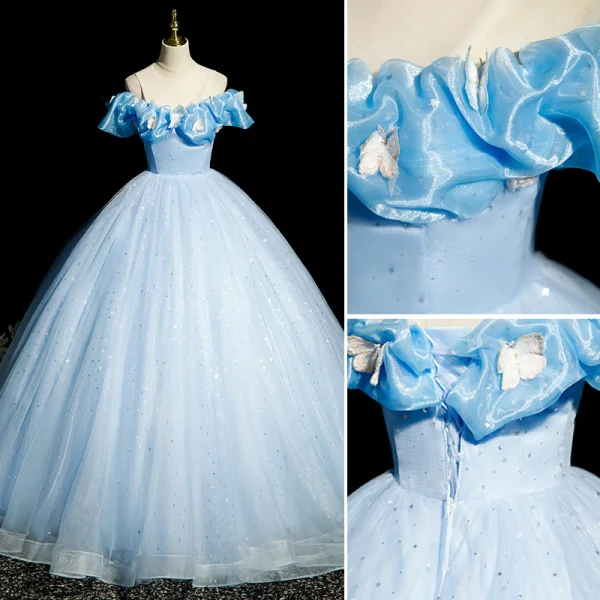 Elegant Sky Blue Lace Butterfly Prom Dresses 2023 Ball Gown Scoop Neck Ruffle Short Sleeve Backless Sequins Floor-Length / Long Prom Formal Dresses