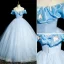 Elegant Sky Blue Lace Butterfly Prom Dresses 2023 Ball Gown Scoop Neck Ruffle Short Sleeve Backless Sequins Floor-Length / Long Prom Formal Dresses