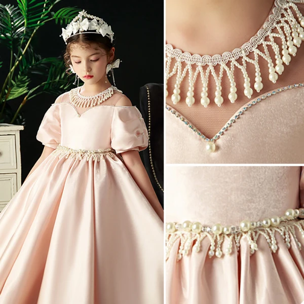 Chic / Beautiful Blushing Pink Pearl Tassel Rhinestone Birthday Flower Girl Dresses 2022 Satin Ball Gown Scoop Neck Short Sleeve Floor-Length / Long Flower Girl Dresses
